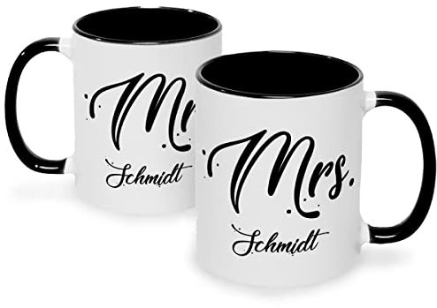 Bedruckte Tassen mit Spruch im Set - Mr & Mrs Design - 2x Kaffebecher Personalisiert mit Namen im praktischen Set - Schönes Geschenk zur Hochzeit - Geschenke für Sie & Ihn - Farbe Schwarz & Weiß
