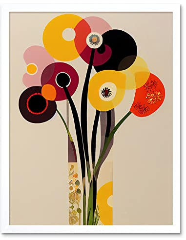 Wee Blue Coo Abstract Retro Spring Summer Flowers Floral Yellow Burgundy Orange Bouquet Vase Art Print Framed Poster Wall Decor 12x16 inch