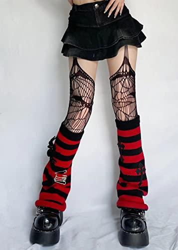 shownicer Damen Gothic Punk Gerippte Gestrickte Beinstulpen Harajuku Japanische Stulpen Studenten Mädchen Kawaii Häkeln Beinwärmer 80er Knee High Foot Cover Winter Beinwärmer H Rot Einheitsgröße