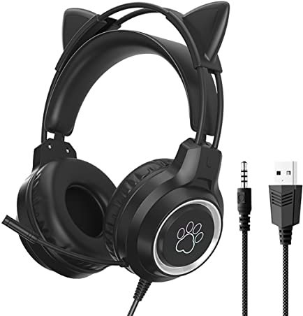 Kinder-Headsets mit abnehmbaren Katzenohren, 3,5 mm kabelgebundene Kopfhörer mit verstellbarem Mikrofon, ausziehbares, gepolstertes Kopfband, Geräuschunterdrückung und RGB-Licht-Kopfhörer(schwarz)
