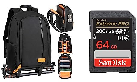 TARION TB-02 Sac a Dos Photo Ordinateur Compact pour Appareil Photo avec Laptop 15 Résistant aux Intempéries avec housse de pluie & SanDisk 64 Go Extreme PRO carte SDXC + RescuePRO Deluxe