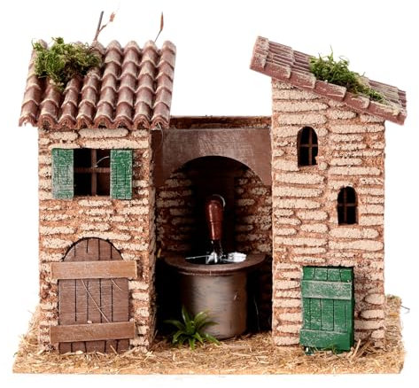 Holyart Brunnen zwischen Häusern, Krippenbrunnen, für 8 cm Krippe, 15x20x15 cm