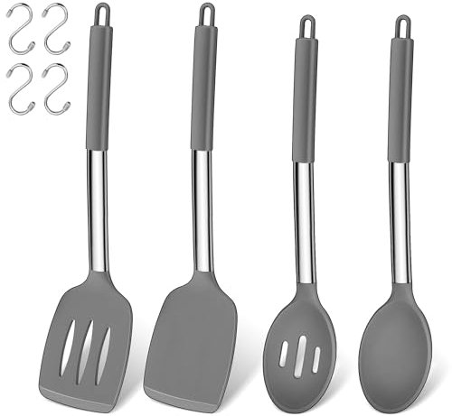 Joyfair Lot de 4 spatules et cuillères de cuisine en silicone résistant à la chaleur avec poignée en acier inoxydable, ustensiles de cuisine pour cuisine/pâtisserie/flip, passe au lave-vaisselle, gris