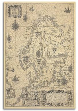 QLLS 1610 Europa, Skandinavien, Retro-Karte, Poster, dekorative Leinwand, Familienschlafzimmer, Kunstwerk, Bild, Gemälde, 30 x 45 cm