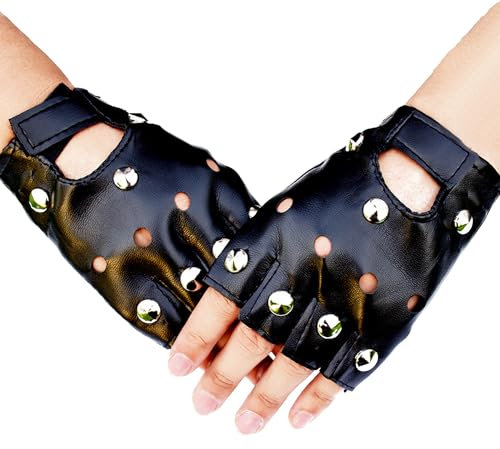 Chyuxinda 1 Paar Punk Nieten Handschuhe PU Leder Fingerlose Gotik Handschuhe für Erwachsene Hip Hop Halloween Cosplay Karneval Kostüm