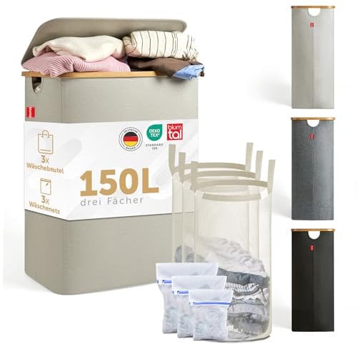 Blumtal Wäschekorb 3 Fächer 150L mit 3 herausnehmbaren Wäschesäcken, Wäschekorb beige, Wäschesammler 3 Fächer, Pfandflaschen Sammelbehälter, laundry basket, Wäschekorb mit Deckel, Wäschebox
