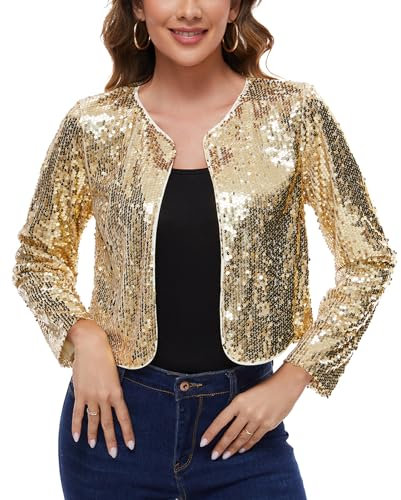 MINTLIMIT Strickjacke Kurz Damen Offene Cardigan Pailletten Glitzer Langarm Bolero Hakenverschluss (Gelb M)