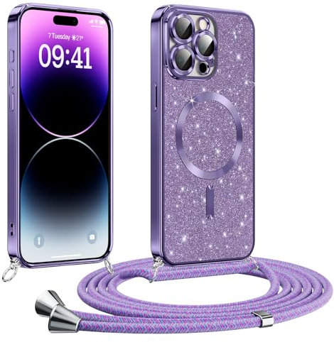 Phoona Coque pour iPhone 14 Pro Max Max avec Cordon, Etui à Paillettes Compatible avec MagSafe, Antichoc Protection Coque pour Magnétique avec Réglable Collier, Pourpre