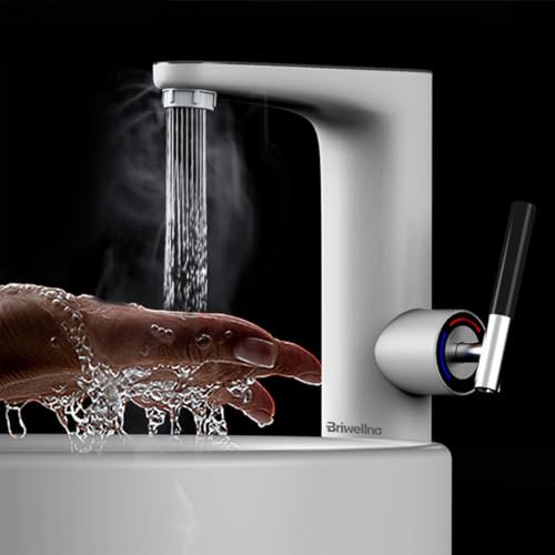 Briwellna Hot Water Tap for Bathroom Countertop Sinks, 220V Electric Tap Tankless Water Heater with Digital Display, Tall Faucet for Bathroom (White)