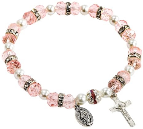 Hanaoops Bracciale di Perle e Croce per Ragazza Comunione Cristiano con Cristallo Elastica Ciondolo Crocifisso - Regalo di Battesimo Compleanno