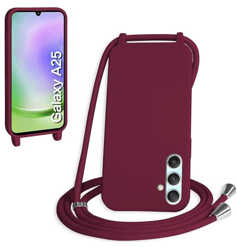 WenBaby Funda con Cuerda para Samasung Galaxy A25 5G, Líquida Silicona Carcasa con Cordón Ajustable Collar Correa de Cuello, Cubierta Prueba Golpes con Microfibra Forro (Rojo)