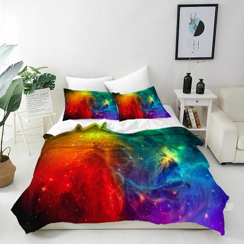ANHOPE Blau Grün Rot Galaxie Nebel Bettwäsche Set 3 Teilig Bettbezug 200x220 cm + 2 Kissenbezug 80x80 cm Weich Microfaser Bettbezüge Set mit Reißverschluss Bettdeckenbezug für Kinder Jungen Mädchen