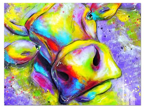 - Lustiges Kuh Gemälde 100x75 cm – handgemalte Bilder auf Leinwand – modern abstrakte Art Wandbilder Deko Kunst für Wohnzimmer Badezimmer Toilette WC