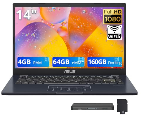ASUS Computer portatile FHD da 14 pollici, processore Intel Celeron N4500, 4 GB di RAM, 224 GB di memoria (64 GB eMMC + set di docking station da 160 GB), grafica Intel Iris Xe, fotocamera 720p,