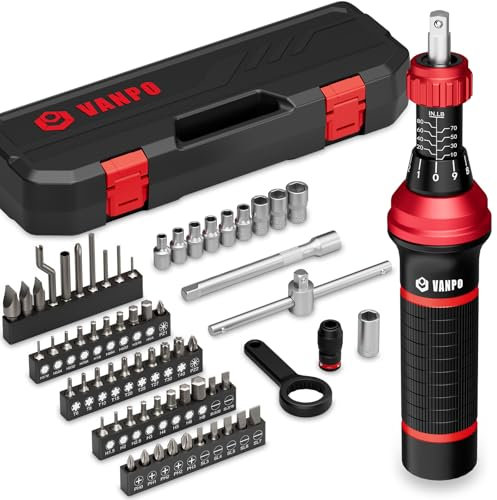 VANPO Torque Screwdriver, 64 Pcs 10-80 Inch Pound Torque Screwdriver Set with T-bar Handle, Flat, Hex, Torx, and Bits,Torque Wrench Screwdriver for Tools, Bike Repairing and Mounting