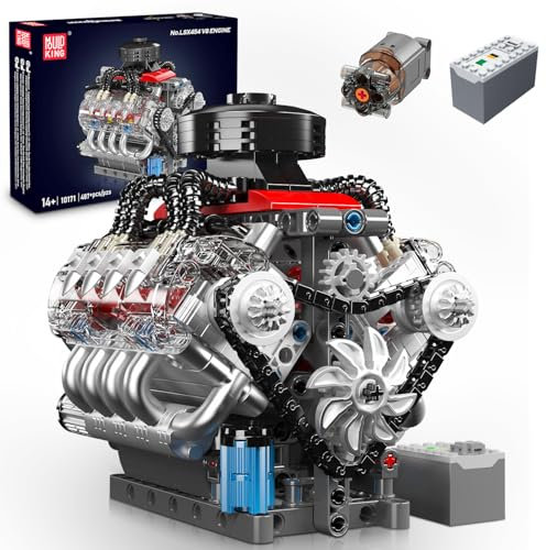 Mould King 10171 Technik V8 Motor Bausteine Spielzeug, APP V8 Motor Bausatz Auto Klemmbausteine Technik Modell Enthält Acht-Zylinder und Batteriekasten als Spielzeug/Geschenk/Sammlerstücke (487 Teile)