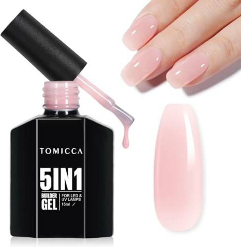 TOMICCA Builder Nail Gel, 15ML 5 in 1 Builder Base Strengthening Gel, Milky Pink UV Nail Extension Gel for Hard Strong Nails Tips & Extensions, Nails Repair,Nail Art Decoration
