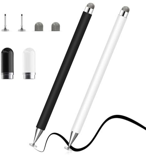 Momowin 2 in 1 Penna Touch per Tablet, Penna per Tablet per Tablet Samsung, Ipad, Apple Phone, Xiaomi Penna Tablet Universale con 2 Testine a Disco e 2 Testine in Tessuto (Nero + Bianco)