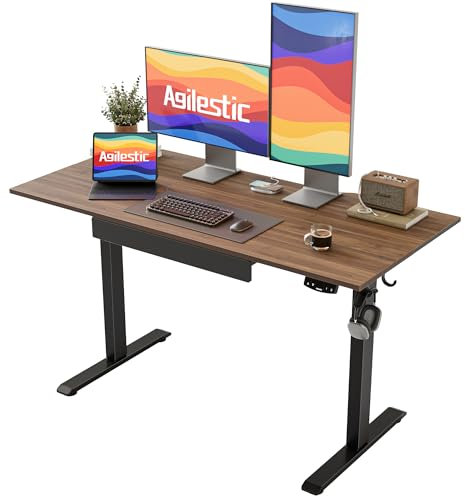 Agilestic Elektrischer Stehschreibtisch mit Schublade, höhenverstellbarer Schreibtisch, Ergonomischer Stehschreibtisch 120 * 60 aus Holz, mit Memory-Voreinstellungen für Arbeit Heimbüro, Braun