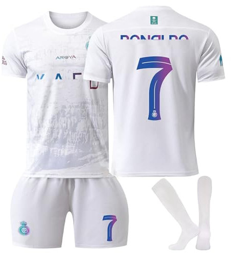 Fußball Trikot Fußballtrikots Nr.7 T-Shirts für Kinder, Fussball Trikot Kinder Set, Football Fußballtrikot Set und Sockefür für Junge und Mädchen,Größe 22 (Weiß,Höhe:120-130 cm)
