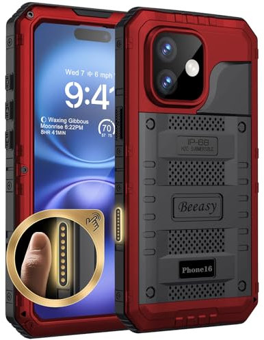 Beeasy for iPhone 16 Case Waterproof Heavy Duty Metal Armour Cover Shockproof Dustproof Built-in Screen Protector, Robust Full Body Protective Military Rugged Case for iPhone 16, Red