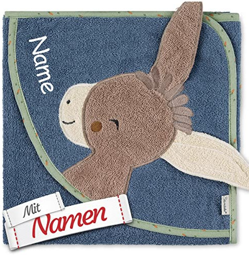 Sterntaler Kapuzenhandtuch mit Namen Bestickt für Baby & Kinder, Junge Badetuch Badehandtuch/Kinder-Badetuch mit Kapuze personalisiert, Motiv Esel Emmilius in Blau, 80x80 cm