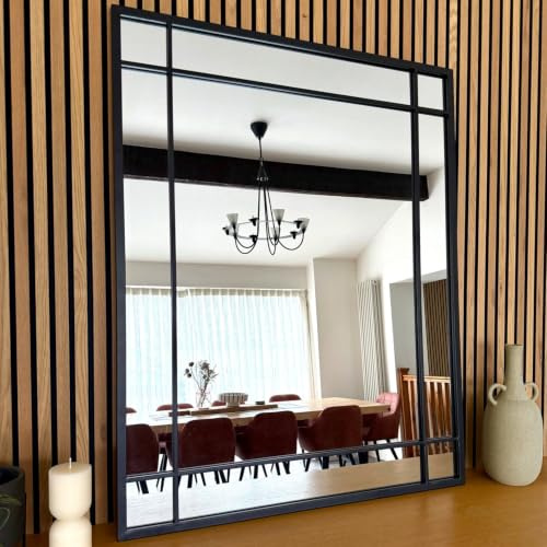 Jobu | Rectangle Mirror with Metal Window Frame Style in Black – 95cm x 120cm for Bedroom, Hallway or Living Room | Aimi