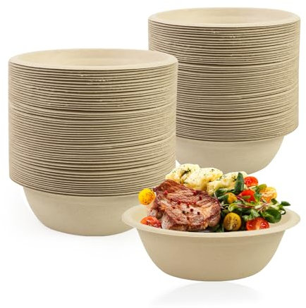 LDFDRT 100 Pcs Bols en Papier Jetables Bagasse Canne a Sucre Compostable Bols a Soupe Des Vaisselle jetable Pour Les Fêtes (naturel, 350ML)