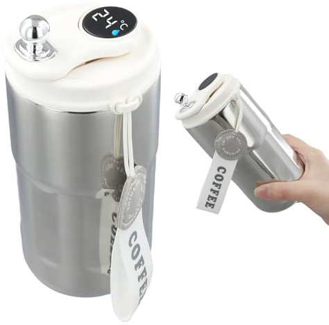 Coffee Flask with Temperature Display, 420mL Stainless Steel Coffee Thermos for Hot Cold Drinks, Silver Vacuum Insulated Coffee Thermos Cup for Home Travel