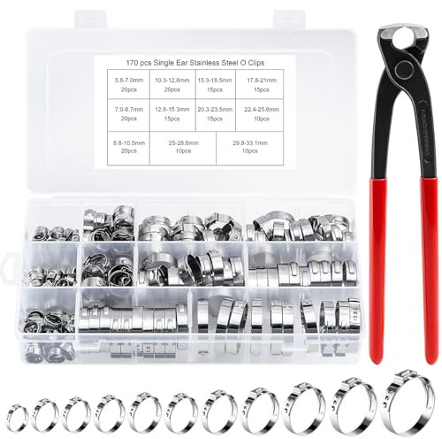 B2jiu 170 Stück Einohr Schlauchschellen Set, 11 Größen (5.8-33.1mm) Crimp Stufenlos Schlauchschellen Edelstahl 304 mit Schlauchklemmzange Anziehen Teile Sortiment Kit für Shläuch, Auto, Haus,Garten