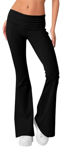 Damen Flare Leggings Fold Over Yoga Pants Yoga Leggings Flare Workout Gym Pants Fold Over Waist Bootcut Yogahose für Frauen, Schwarz , S
