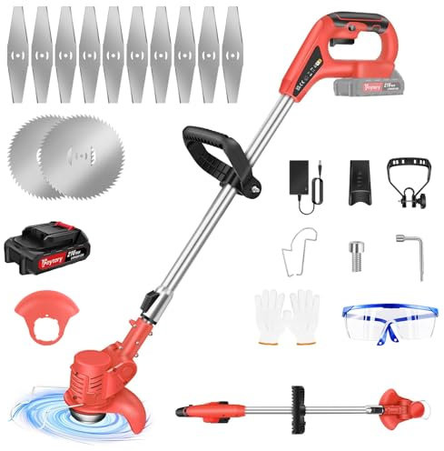 Tagliaerba a batteria con batteria e caricabatterie, 21 V, batteria da 2000 mAh, con coltello in metallo, tagliabordi, erbacce da giardino, rosso