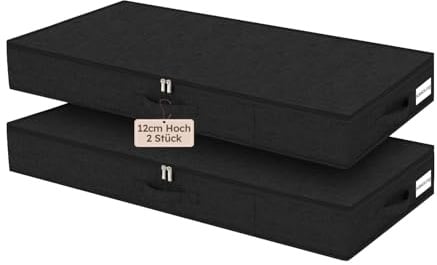 JUPELI Unterbett-Aufbewahrungsbox, 85 x 40 x 12 cm, Schwarz | Nur 12 cm hoch, faltbar mit Reißverschluss und 3 Griffen, für Kleidung, Bettdecken und Bettwäsche