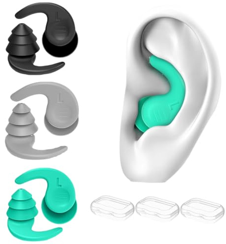 PIJOOKI 3 Pairs Swimming Ear Plugs For Adults, Silicone Waterproof Reusable Swim Earplugs For Surfing, Showering, Water Sports And Swimming, Black + Green + Gray, Adults & Teens