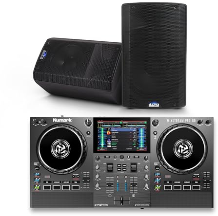 Numark Mixstream Pro Go DJ Controller and ALTO TX410 Powered PA Speakers Pair for Live Music, DJ sets, Events, Music production