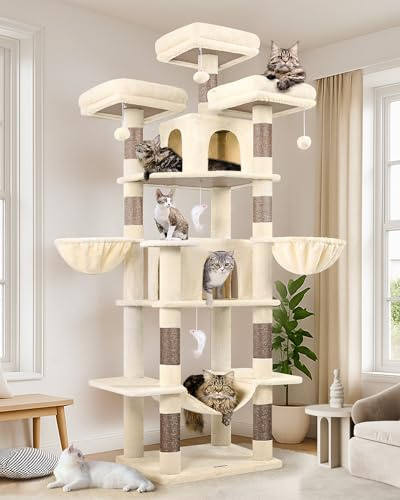 Globlazer F80 Castle Cat Tree Tower 204cm Hammock 3 Perches for Indoor Cats | Stable Cat Tree with 3 Top Perches, 2 Cat Caves, 2 Hanging Baskets, Easy to Assemble Heavy Duty Cat Tower for 2/3 Cats