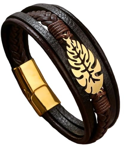 HUIANGLIYG Men'S Vintage Leather Bracelet Multi-Layer Braided Black Leather Wristband With Monstera Leaf Accent Boho Magnetic Clasp Bangle For Men Women Coffee 21 Cm