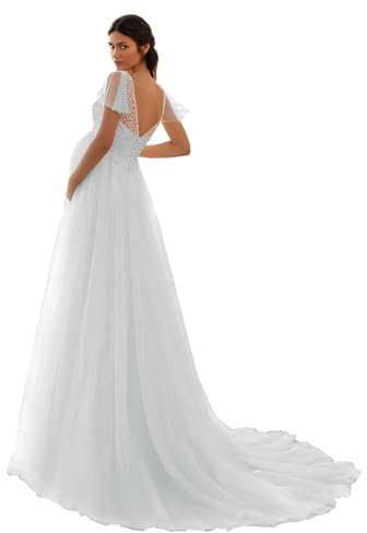 HAIBFJIN Robe de maternité en tulle avec col en V - Robe de mariée pour femme enceinte - Robe de maternité pour fête prénatale - Robe de séance photo, Blanc., 50