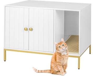 Relaxdays Katzenschrank für Katzentoilette, mit Katzenklomatte, mit Eingang, HBT: 55x80x50 cm, Katzenhaus, weiß/Gold