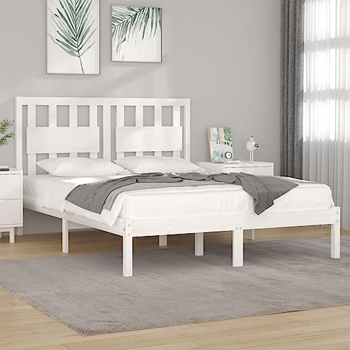 Owoxanthellate Massivholzbett 200x200 Kiefer weiß skandinavisches Design mit komfortablem Kopfteil Robustes Bettgestell für Schlafzimmer Gästezimmer und Jugendzimmer