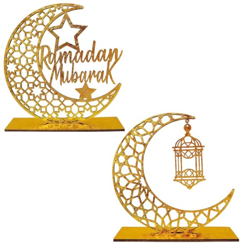 GWAWG Décorations de Table Ramadan Mubarak, Ensembles en Bois Or Ornement Lune Étoile Lanternes, Ramadan Eid Décorations pour Maison, Salle à Manger, Fête Islamique, Cadeau Ramadan Kareem