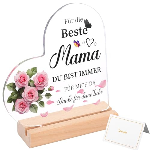 Geschenke für Mama Acryl Herz Schild Beste Mama Geschenk zum Muttertag Geburtstag Weihnachten Ostern Deko mit Karte für Zuhause Büro