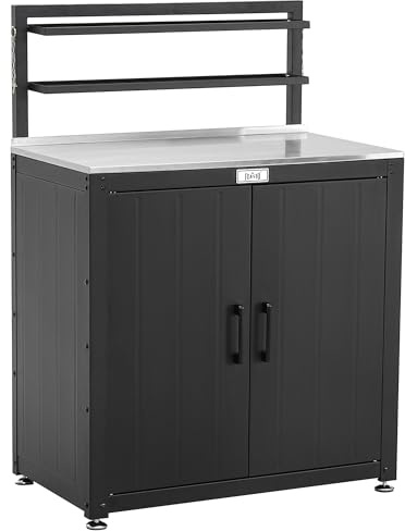 Feasto Garden Potting Bench with Storage Cabinet and 2 Removable Shelves | Stainless Steel Tabletop 80x45 cm, Heavy-Duty Planting Work Station & Outdoor Tool Storage for Greenhouse and Patio