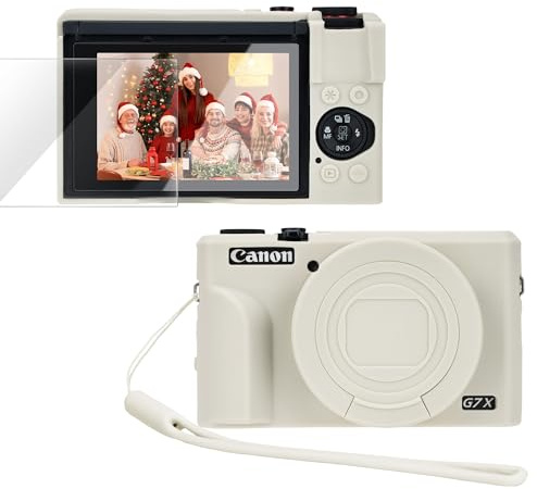 PROfezzion for Canon PowerShot G7X Mark III Silicone Case Protective Cover | Beige, Glass Screen Protector and Wrist Strap Included, Slim Fit, Jacket Sleeve Accessories, Fits Canon GX7 Mark III Camera