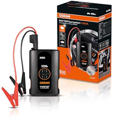 OSRAM BATTERYjumpstart 1250A, 12V, de litio, con función de batería externa y USB, arrancador de emergencia, para motores de gasolina de hasta 6L y motores diésel de hasta 2.8L.
