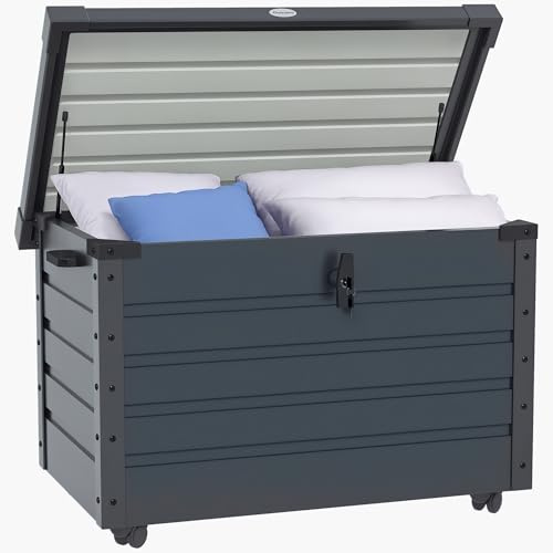 Outsunny Gartenbox Metall 295 Liter Wasserdicht 100 x 62cm Dunkelgrau | Abschließbar, Mit Griffen und Rollen, Auflagenbox, Gartentruhe, Outdoor Wetterfest, Für Balkon Garten, Kissenbox