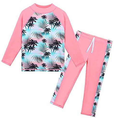HUAANIUE Girls 3-12 Years 2PC Swimwear Set Long Sleeve Swimsuit Kids Print Flower Sunsuit 50+UV Sun Protection Swimming Cosutme(GreenPink,14A)
