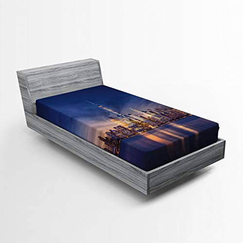 ABAKUHAUS Stadt Spannbetttuch, Skyline von New York Evening, Soft Dekorativer Stoff Bettwäsche Rund-um Elastischer Gummizug, 90 x 200 cm, Marine-Blau-Pfirsich