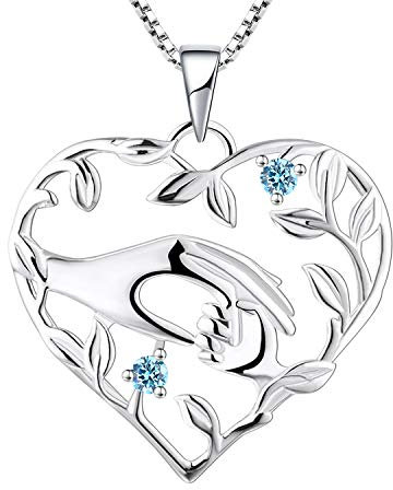 YL Mama Kette 925 Sterling Silber März Geburtsstein Aquamarinblau Zirkonia Mutter halten Kinderhand Anhänger Halskette Geschenke für Mama