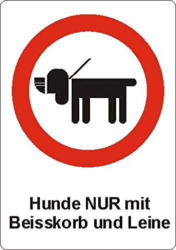 Schild: Hund nur mit Beisskorb und Leine - 594x420mm einseitiger Druck | Aluverbundschild